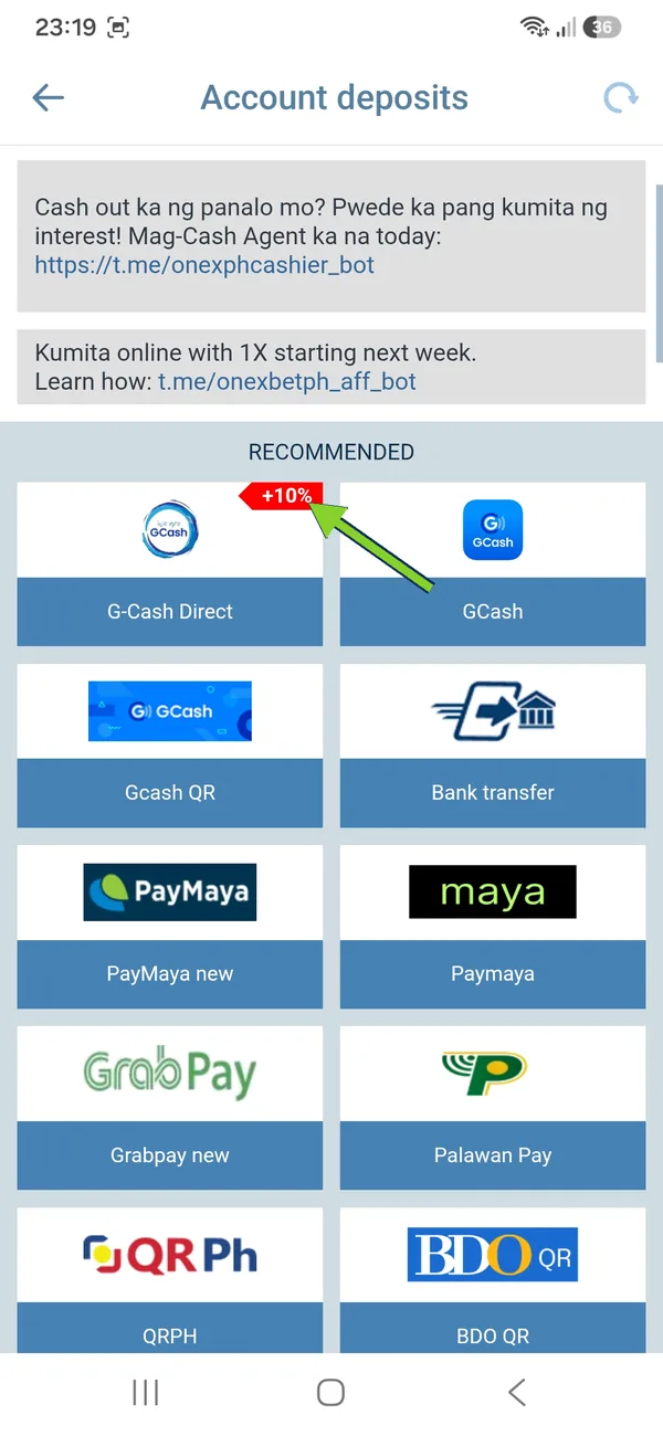 1xBet Android app Account deposits screen with G-Cash Direct, GCash, Bank transfer, PayMaya, Maya, GrabPay and Palawan Pay
