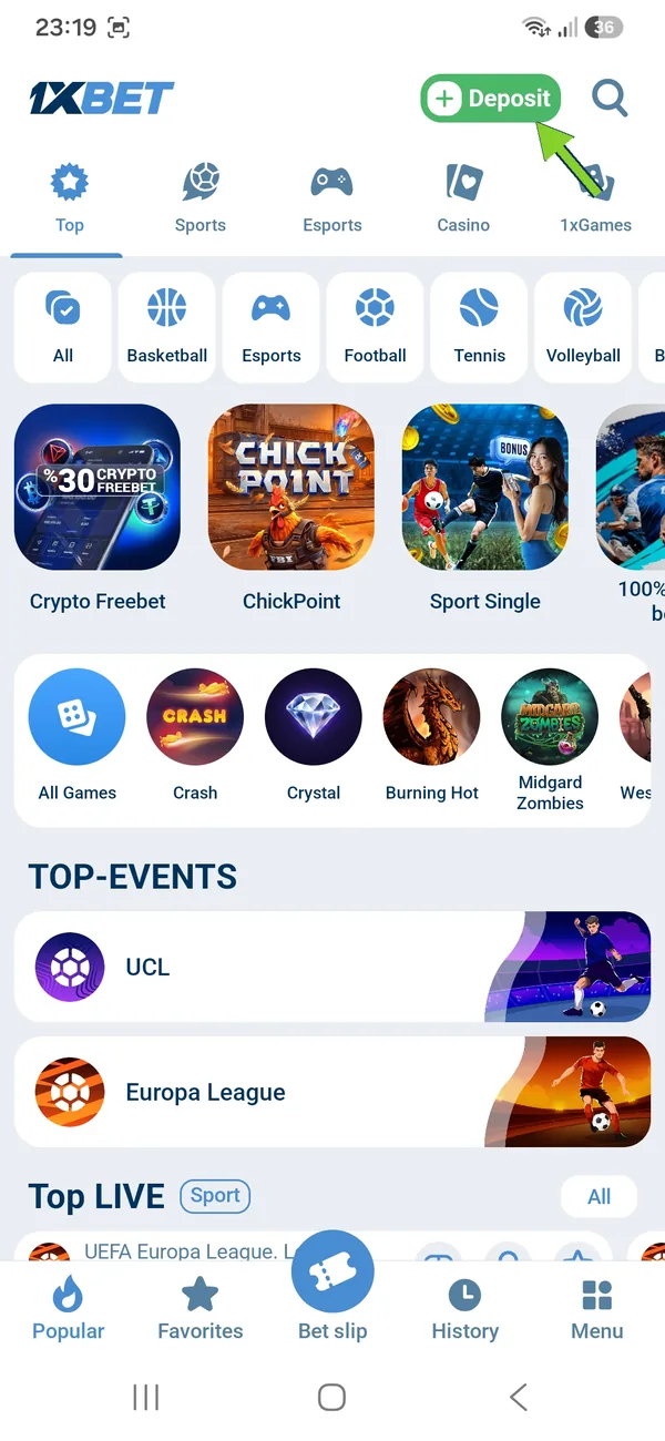 1xBet Android app Top tab with the green Deposit button, sport chips, bonus cards and Top events