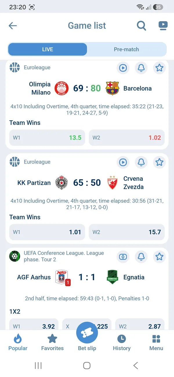 1xBet Android app Game list with live Euroleague basketball and football matches and odds