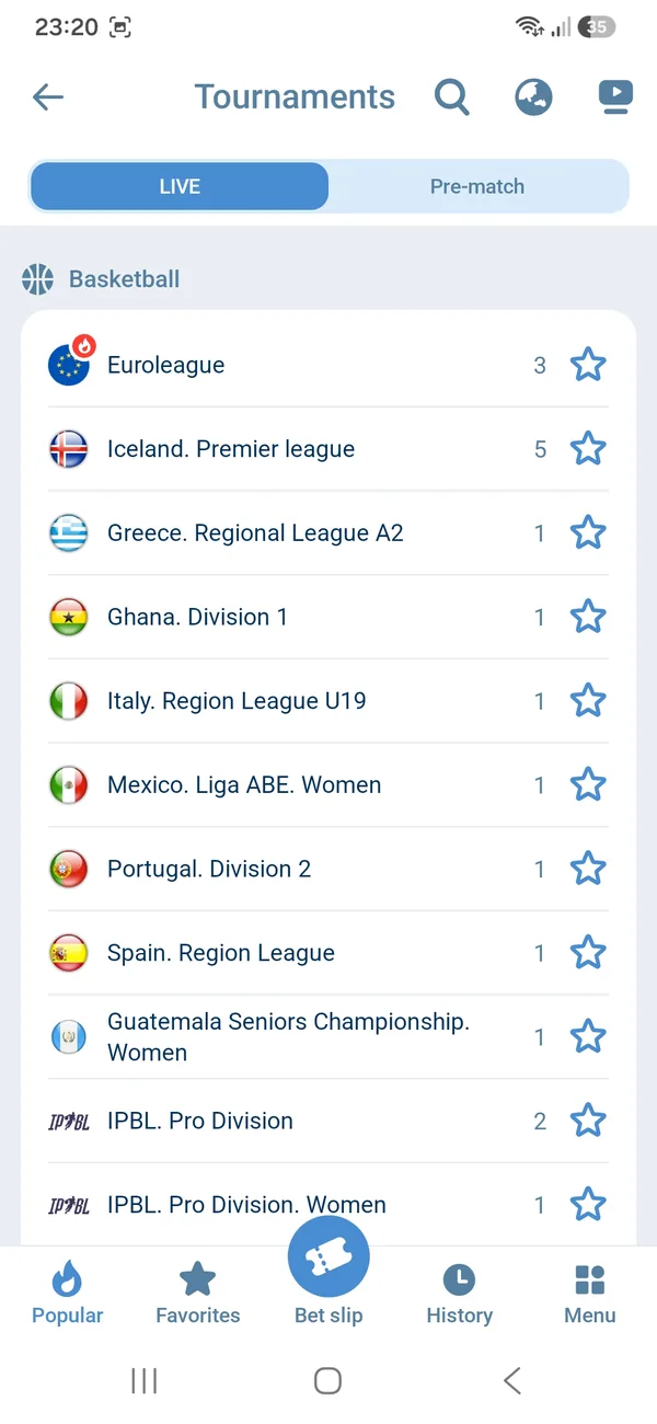 1xBet Android app live basketball tournaments list with the number of matches in each league