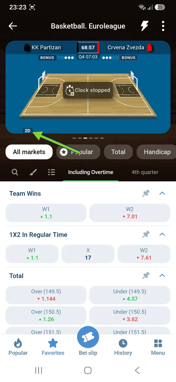 1xBet Android app 2D match tracker for a live basketball game with the 2D label highlighted