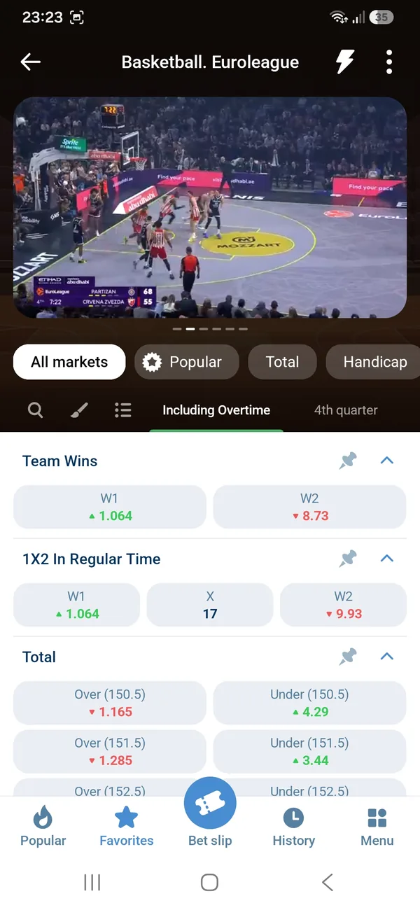 1xBet Android app live video stream of a basketball match above the betting markets