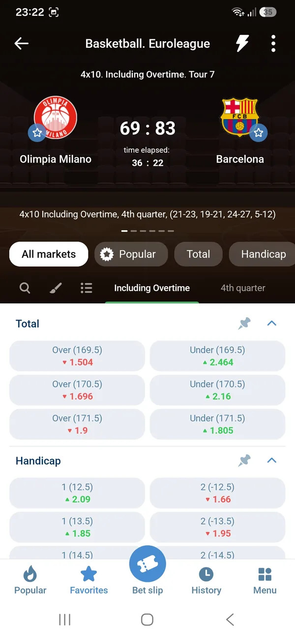 1xBet Android app Euroleague match page with All markets, Total and Handicap odds