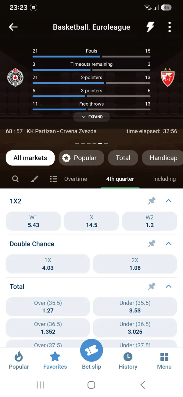 1xBet Android app match statistics with fouls, timeouts, two-pointers, three-pointers and free throws