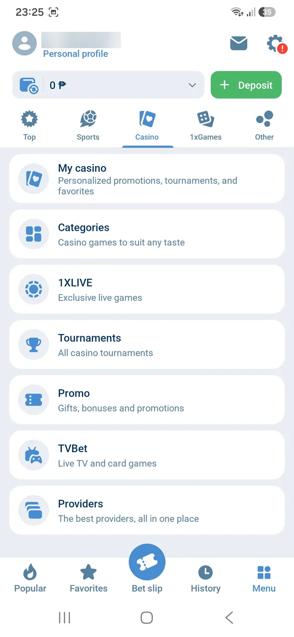 1xBet Android app Menu Casino tab with My casino, Categories, 1XLIVE, Tournaments, Promo, TVBet and Providers