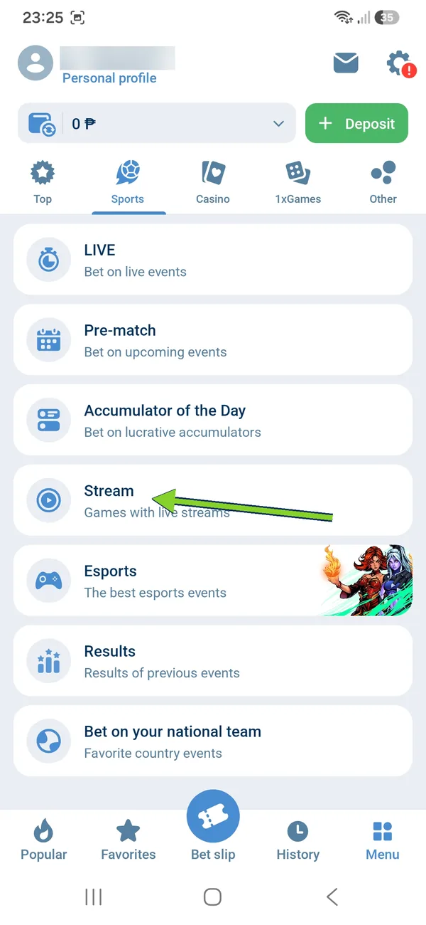 1xBet Android app Menu Sports tab with Live, Pre-match, Accumulator of the Day, Stream, Esports and Results