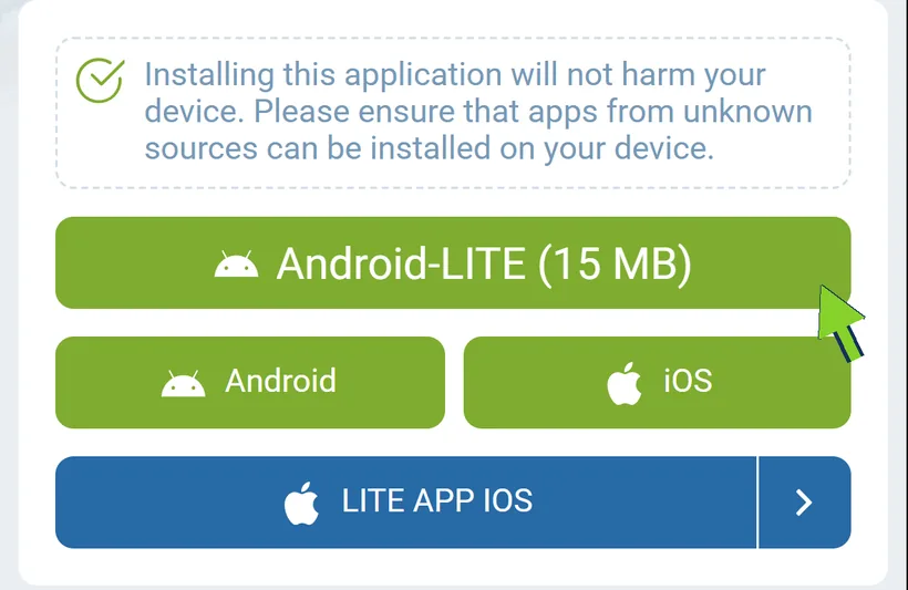 Official 1xBet download page with the Android-LITE button highlighted