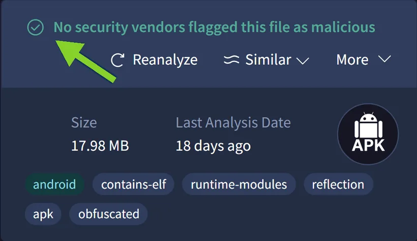 VirusTotal result for the 1xBet Lite APK: no security vendors flagged the file as malicious
