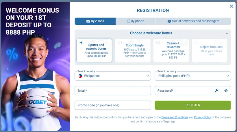 1xBet registration form for the Philippines with the welcome bonus choice, PHP currency and promo code field